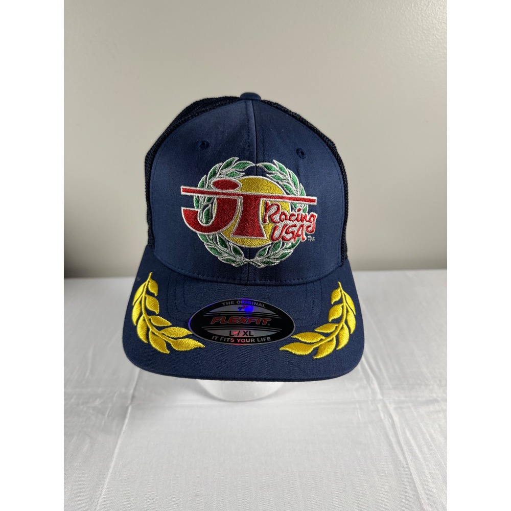 Brand New JT Racing USA Flexfit Trucker Hat Navy Blue Mesh Back Embroidered Cap